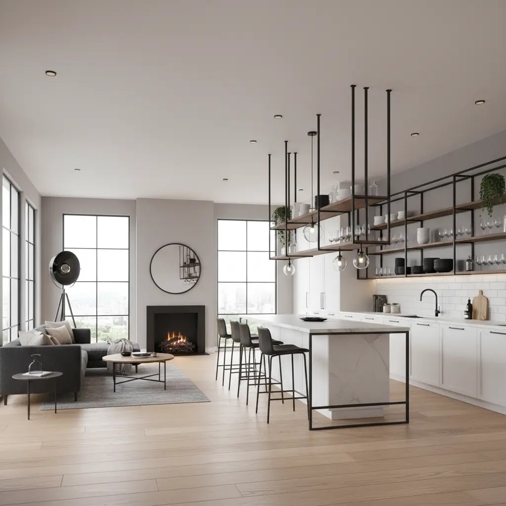 Konsep Desain Interior dengan Aksen Lemari Gantung Besi