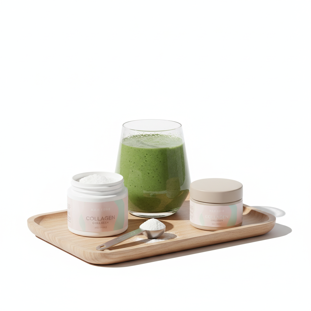 Close-up eines grünen Smoothies mit Kollagenpulver, Messlöffel und unlabeled Beauty-Behälter auf hellem Holztablett – Getränke für starke Nägel