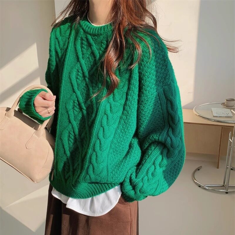Damen-Strickpullover mit Zopfmuster, grob gestrickt