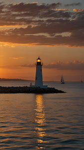 Coastal Lighthouse Sunset Golden Water Reflection Sailboats