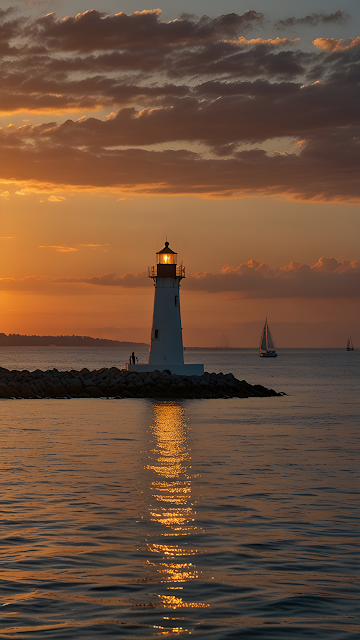 Coastal Lighthouse Sunset Golden Water Reflection Sailboats