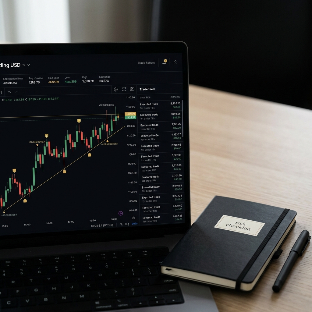 Close up laptop showing candlestick charts and small order fills beside a notebook labeled risk checklist illustrating how to make $100 a day trading cryptocurrency