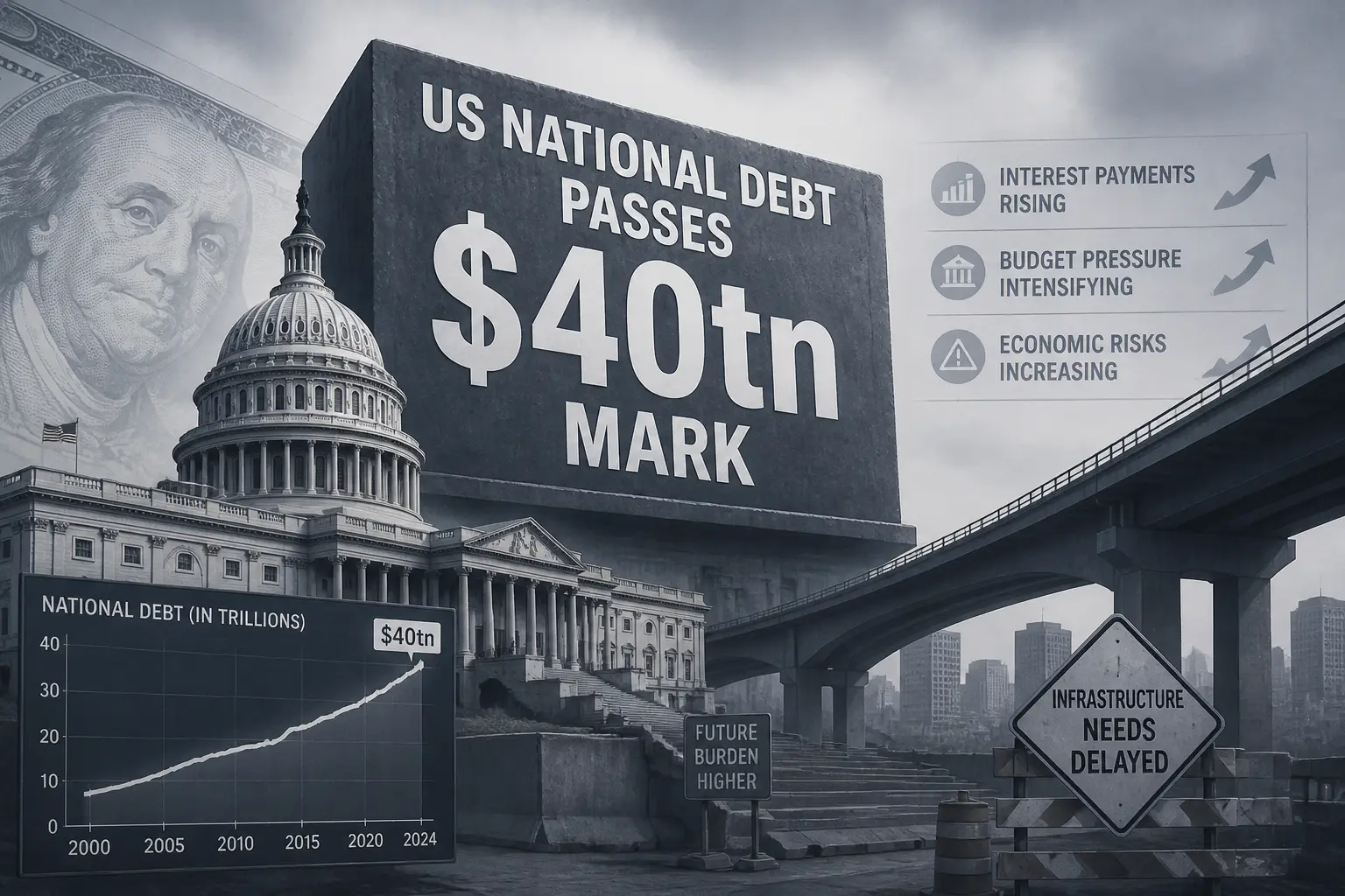 Editorial image for US national debt passes $40tn mark amid rising economic concerns