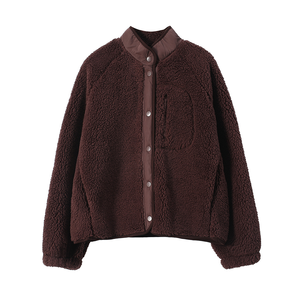 Lined fleece jacket with lamb's wool look and stand-up collar