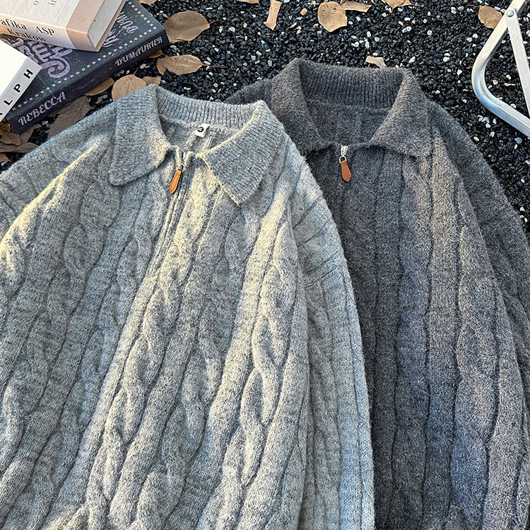 Herren-Strickpullover mit Reißverschluss und Zopfmuster