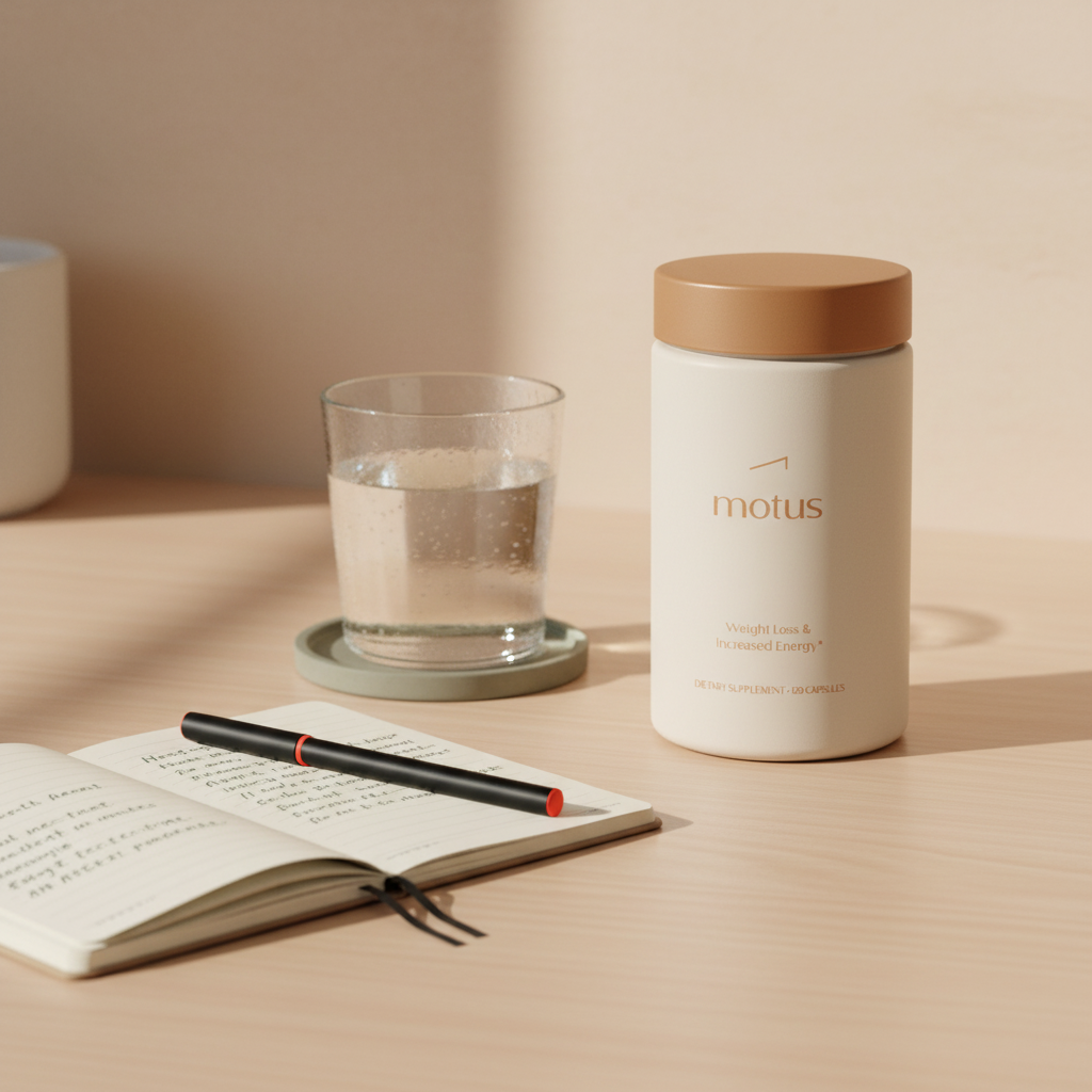 Minimalist kitchen counter with Tonum supplement jar next to a glass of water and a notebook with recall prompts, illustrating what is the 2 7 30 rule for memory?