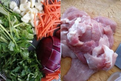 Hành tây bóc vỏ thái miếng vừa ăn, cà rốt thái sợi, tỏi thái nhỏ, rau mùi rửa sạch cắt khúc. Thịt thăn rửa sạch thái lát.