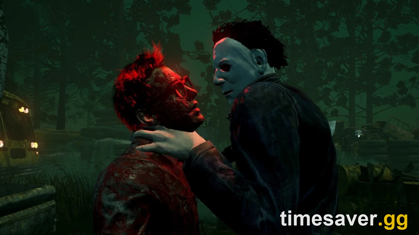 The Shape grabbing a bloodied survivor by the throat during a Mori animation in a foggy Dead by Daylight forest map