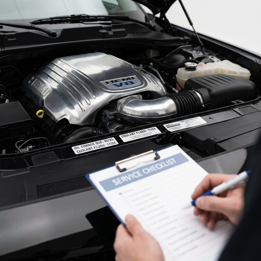 Close up of V8 Dodge Charger engine bay with intake and service labels visible and hands holding a checklist in the foreground dodge charger for sale