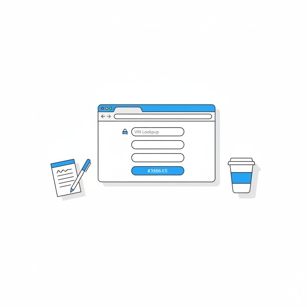 Minimal 2D vector desktop scene showing a browser tab with a VIN lookup form a coffee cup and a notepad with scribbled handwriting and blue pen accent free VIN check