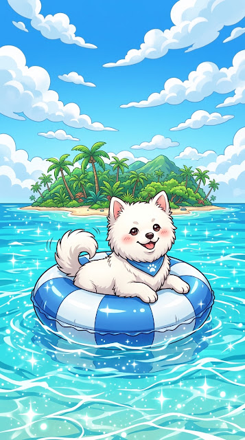 Anime Style Illustration of a White Dog Floating on a Tube in the Ocean - Free mobile Wallpaper