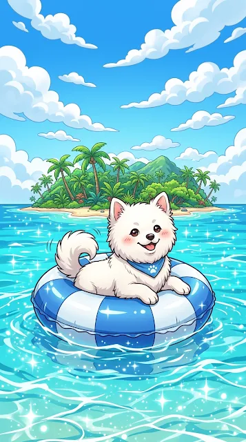 Anime Style Illustration of a White Dog Floating on a Tube in the Ocean