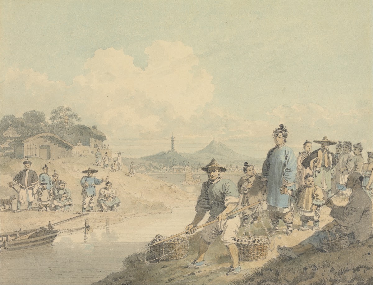 View in China Figures with Pagoda and Mountain 1792 to 1794