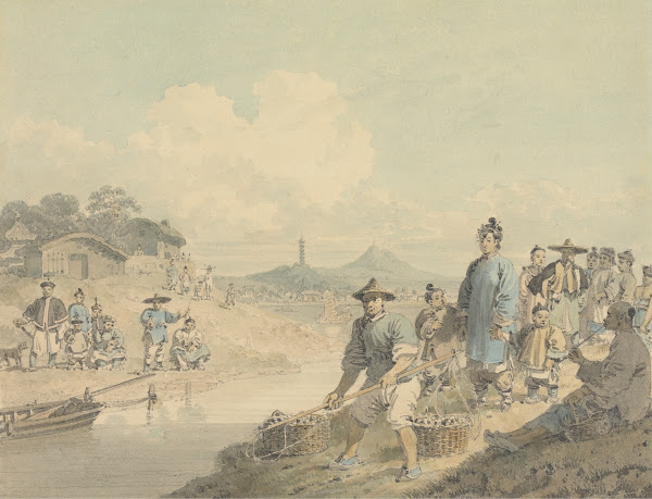 View in China Figures with Pagoda and Mountain 1792 to 1794