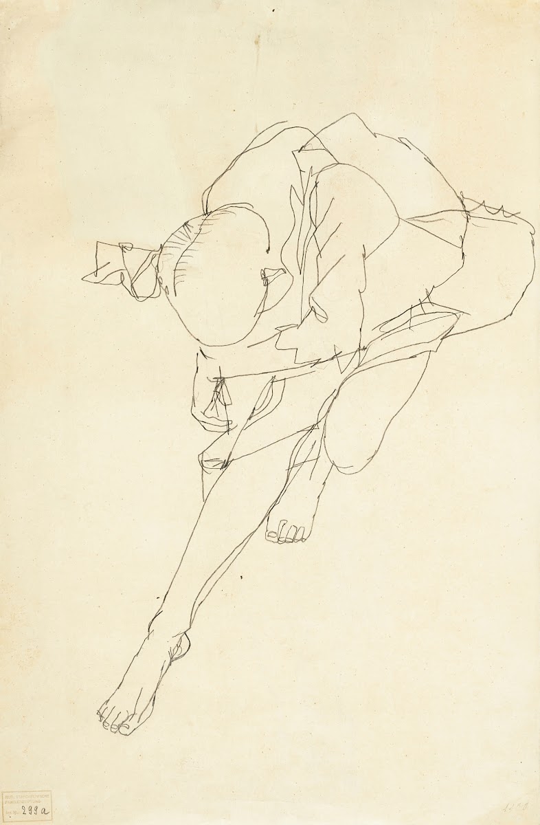 Von oben gesehene vornübergebeugte weibliche Gestalt 1913