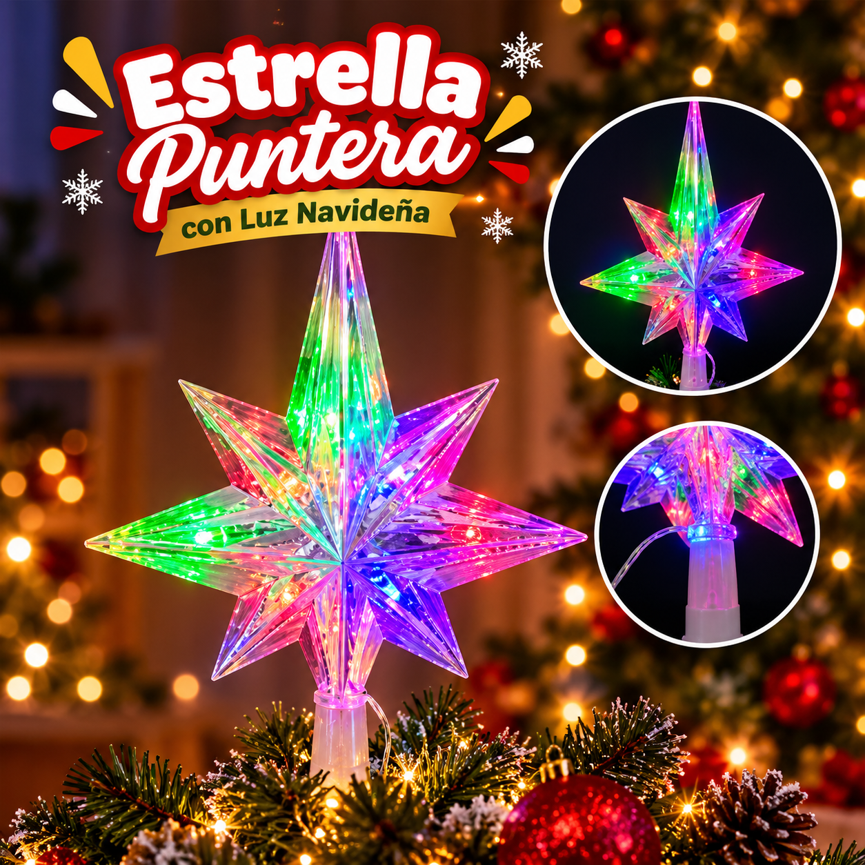 Estrella punta de árbol con luz LED multicolor