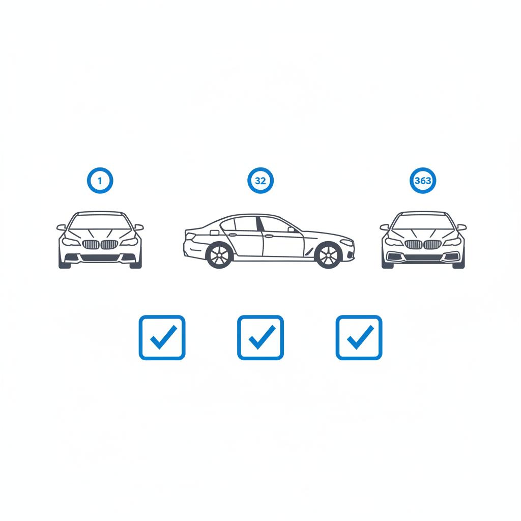 Minimalist 2D vector comparison of three BMW 540i for sale generation silhouettes E60 F10 G30 above a simple checklist in CarFax Deals blue and white