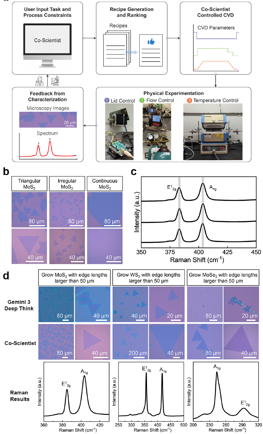 Figure 2. Co-Scientist와 제미나이 3 딥 싱크를 활용한 CVD 반응기 제어 및 2D 반도체 단일층 결정 합성 결과.