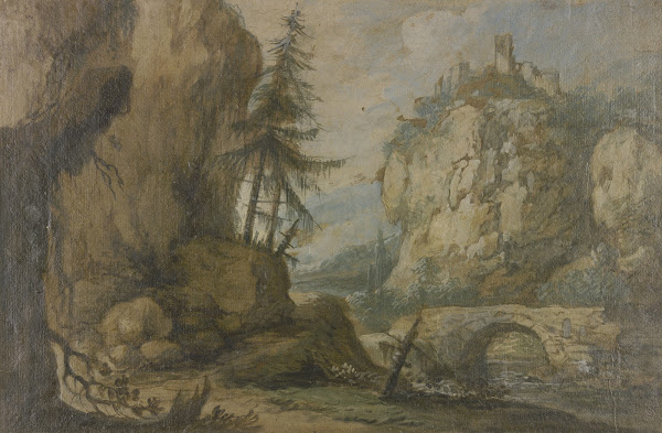 Links hohe Felsen mit Tannen rechts auf hohen Felsen eine Burg über dem Bach ein