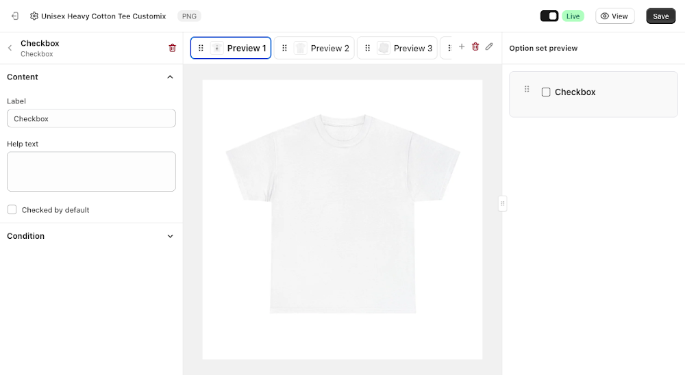 Content panel with Label, Help text, and Checked by default fields