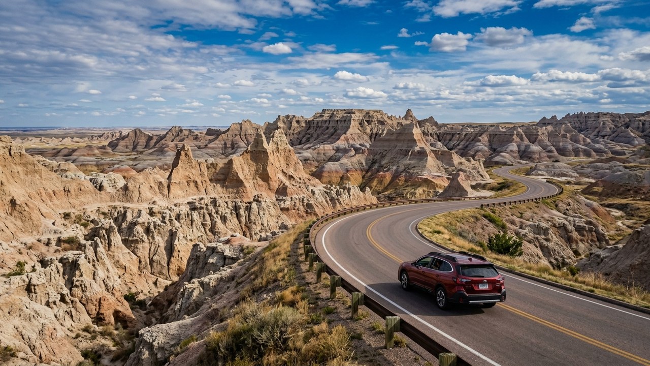 Family driving Badlands Scenic Loop Road through eroded spires South Dakota