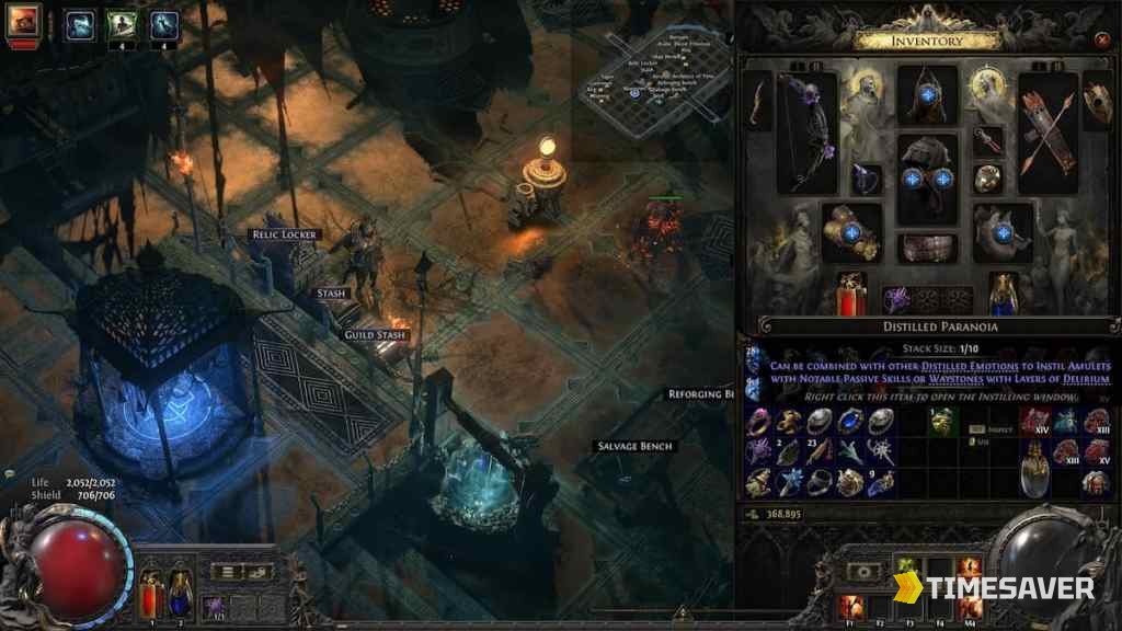 PoE2 inventory showing a Distilled/Liquid Emotion (Distilled Paranoia) with the tooltip explaining it instils amulets with Notable Passive Skills