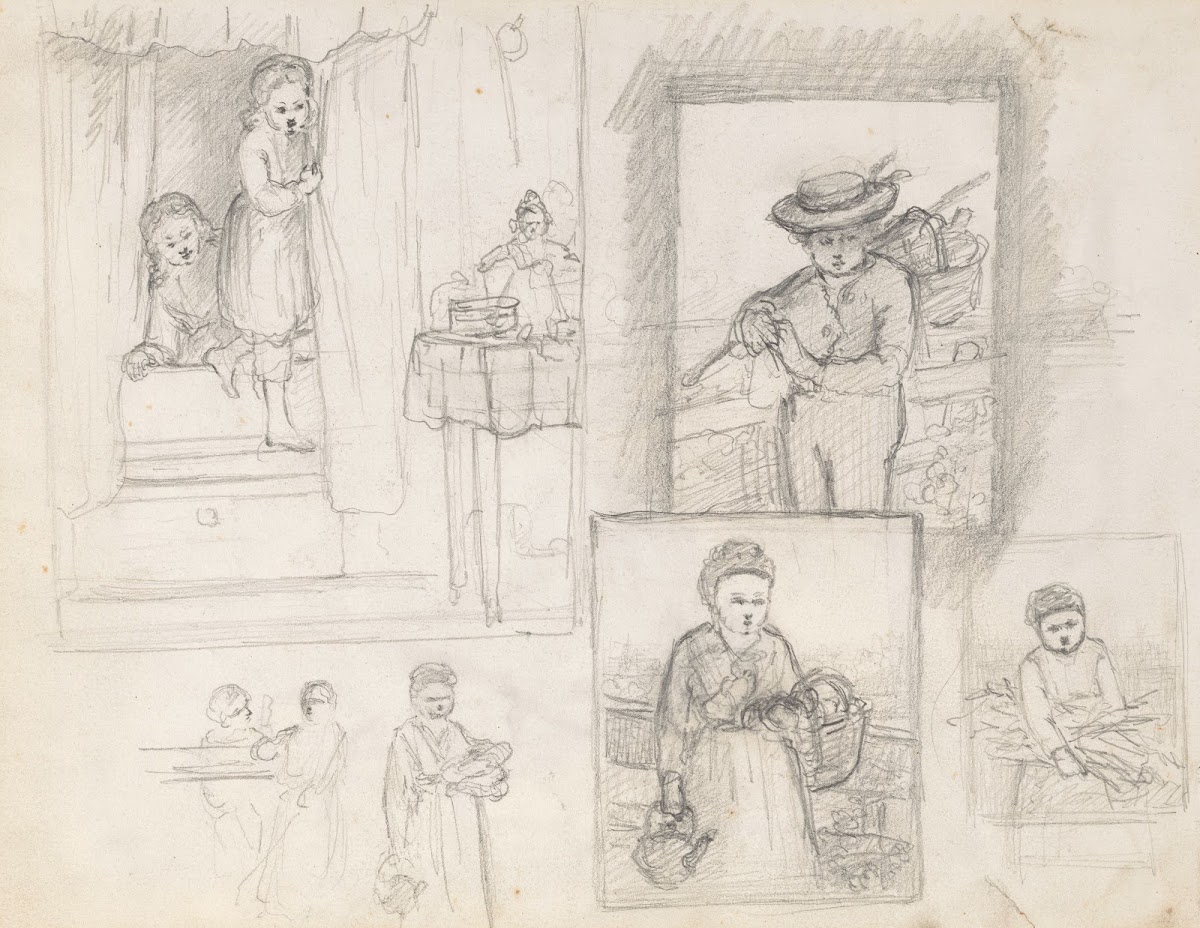 Schetsen van kinderen op Sinterklaas ochtend jongen en meisje met een mand 1836