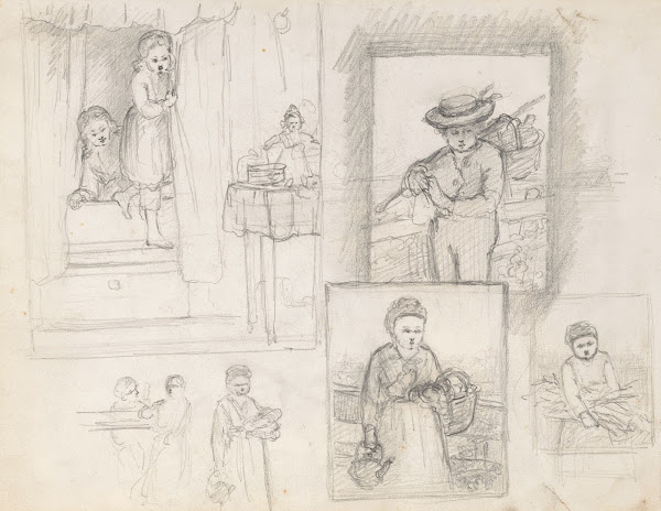 Schetsen van kinderen op Sinterklaas ochtend jongen en meisje met een mand 1836