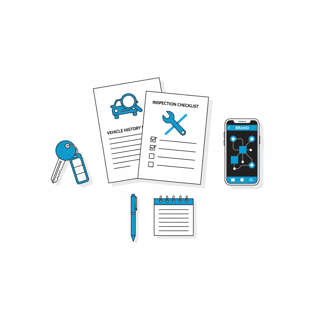 Overhead flat lay vector of used car paperwork keys inspection checklist and smartphone with abstract car history UI in brand colors is-kia-still-owned-by-hyundai