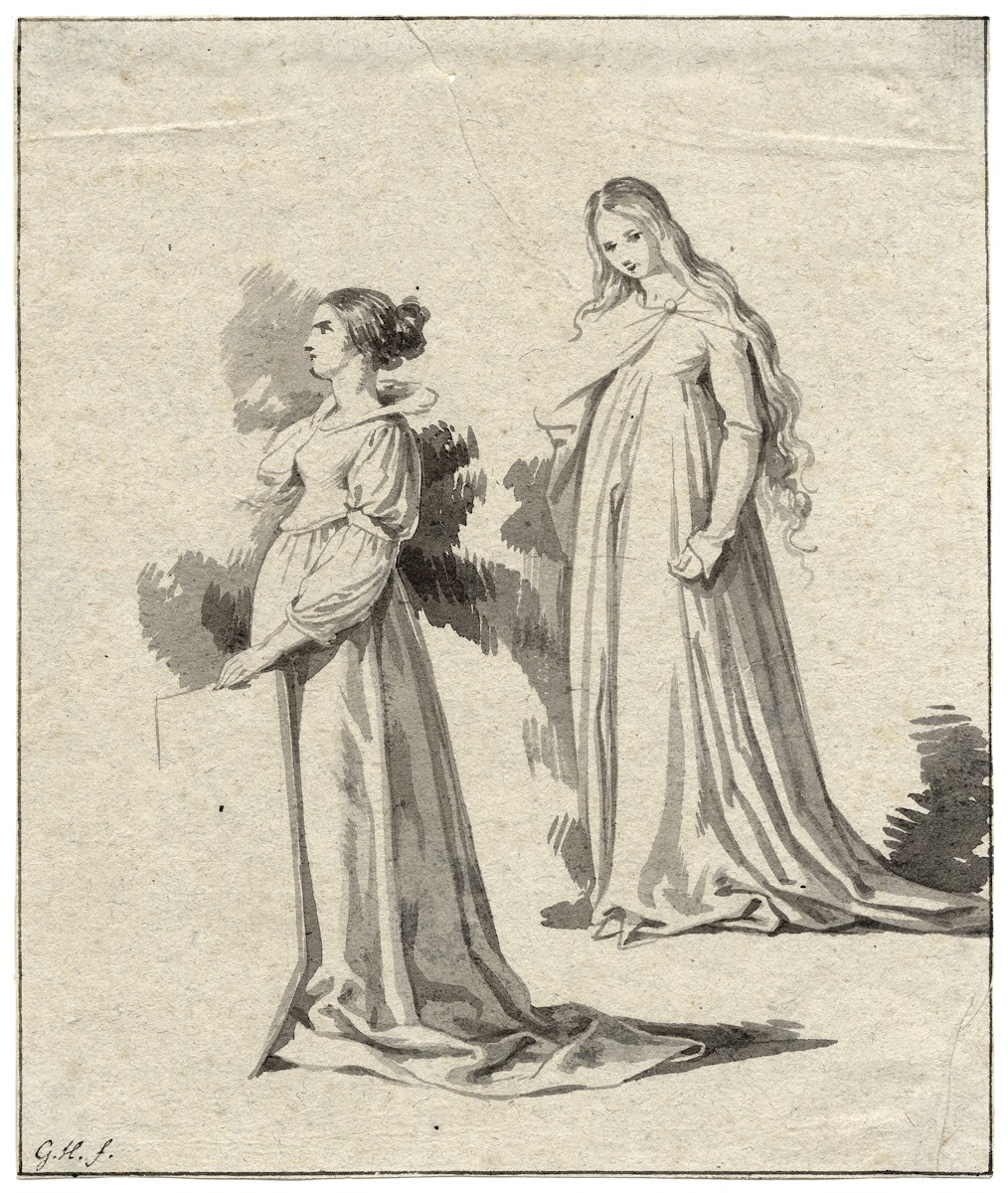 wee vrouwenfiguren van terzijde in historische kledij