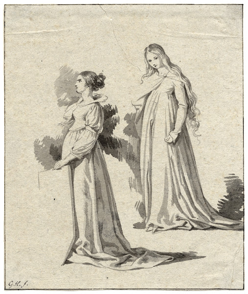 wee vrouwenfiguren van terzijde in historische kledij