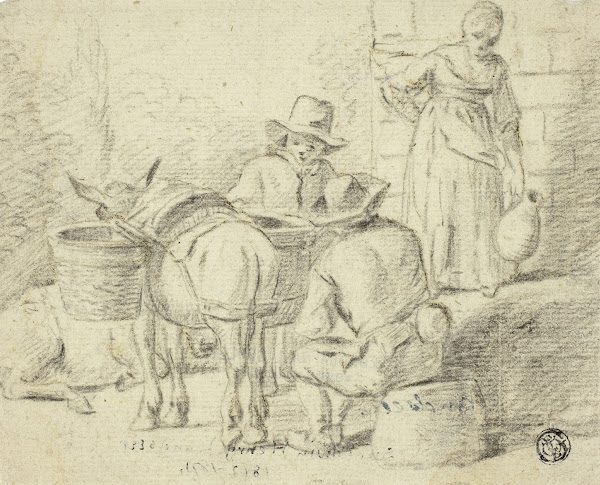 Men and Donkeys Woman with Pitcher