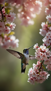 Vibrant Hummingbird Feeding Pink Sakura Bloom Spring Macro Shot