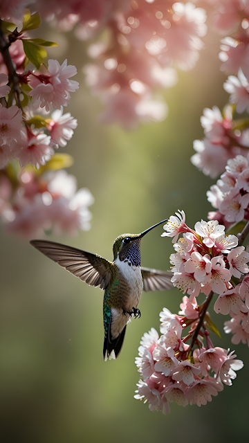 Vibrant Hummingbird Feeding Pink Sakura Bloom Spring Macro Shot - Free mobile Wallpaper