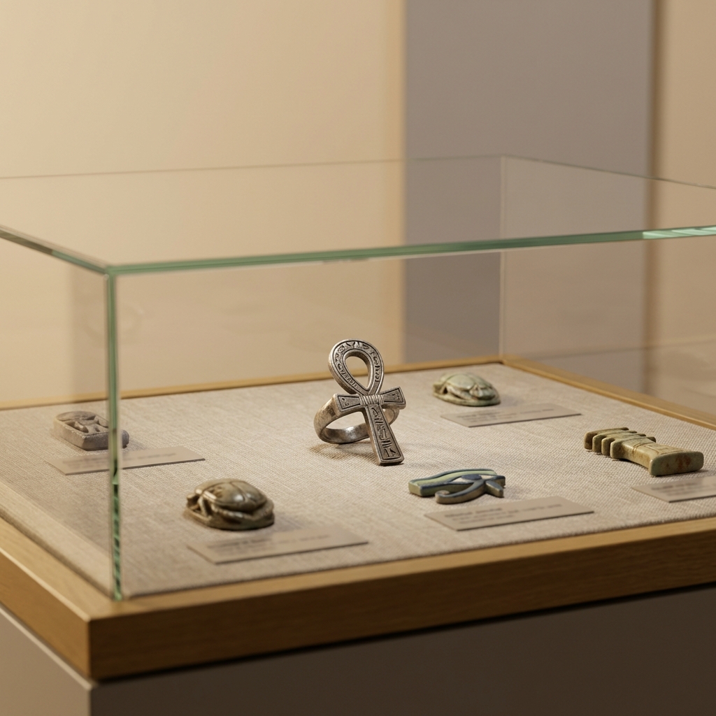 Photorealistic museum display of Egyptian amulets with a silver ankh ring centered on a neutral linen pad background ede7da soft warm lighting and slightly blurred labels