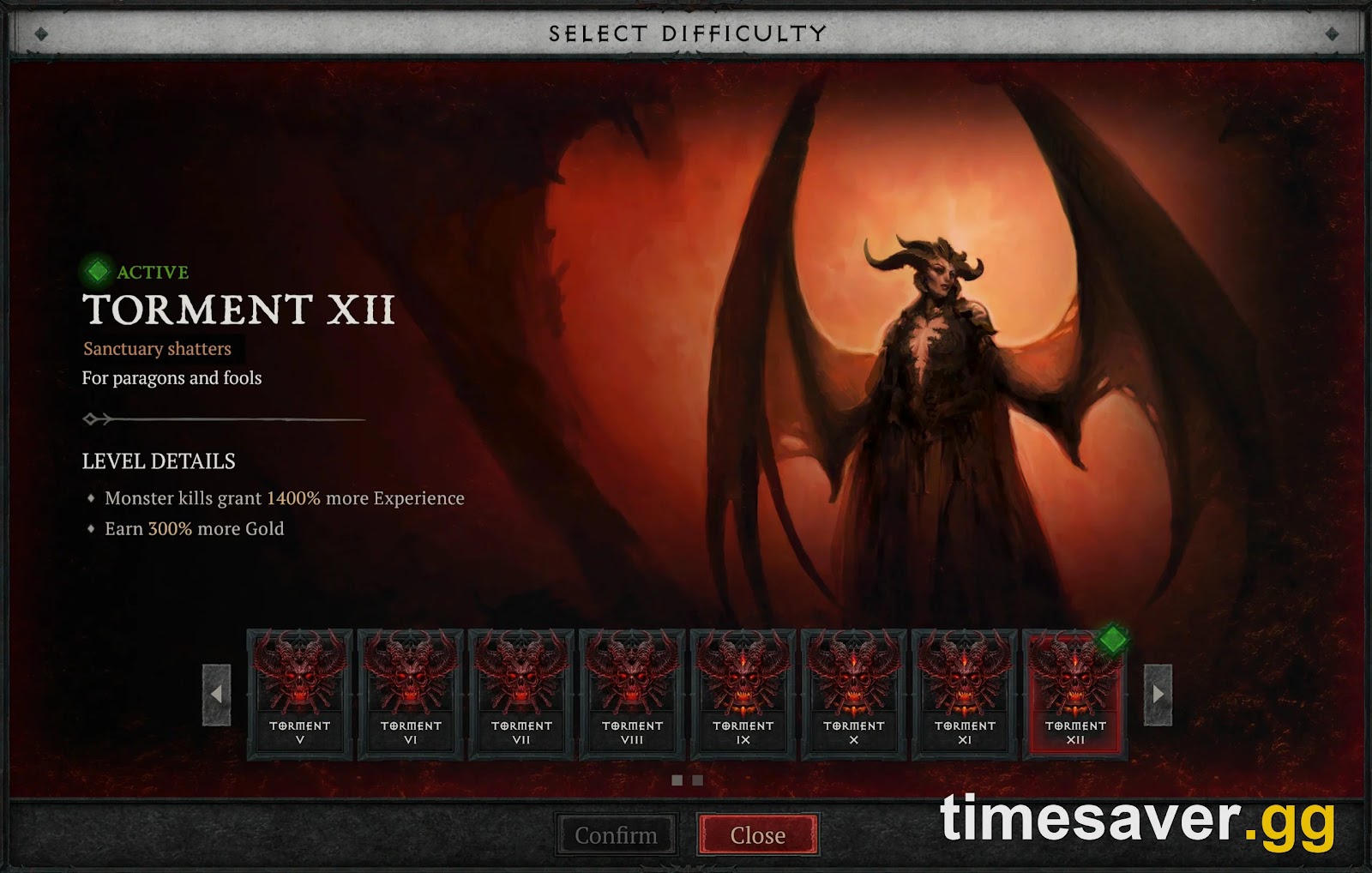 Diablo 4 Select Difficulty screen with Torment XII active, showing the full Torment tier ladder in Season 15
