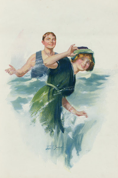 Young man splashing a young woman with water at the beach 1913