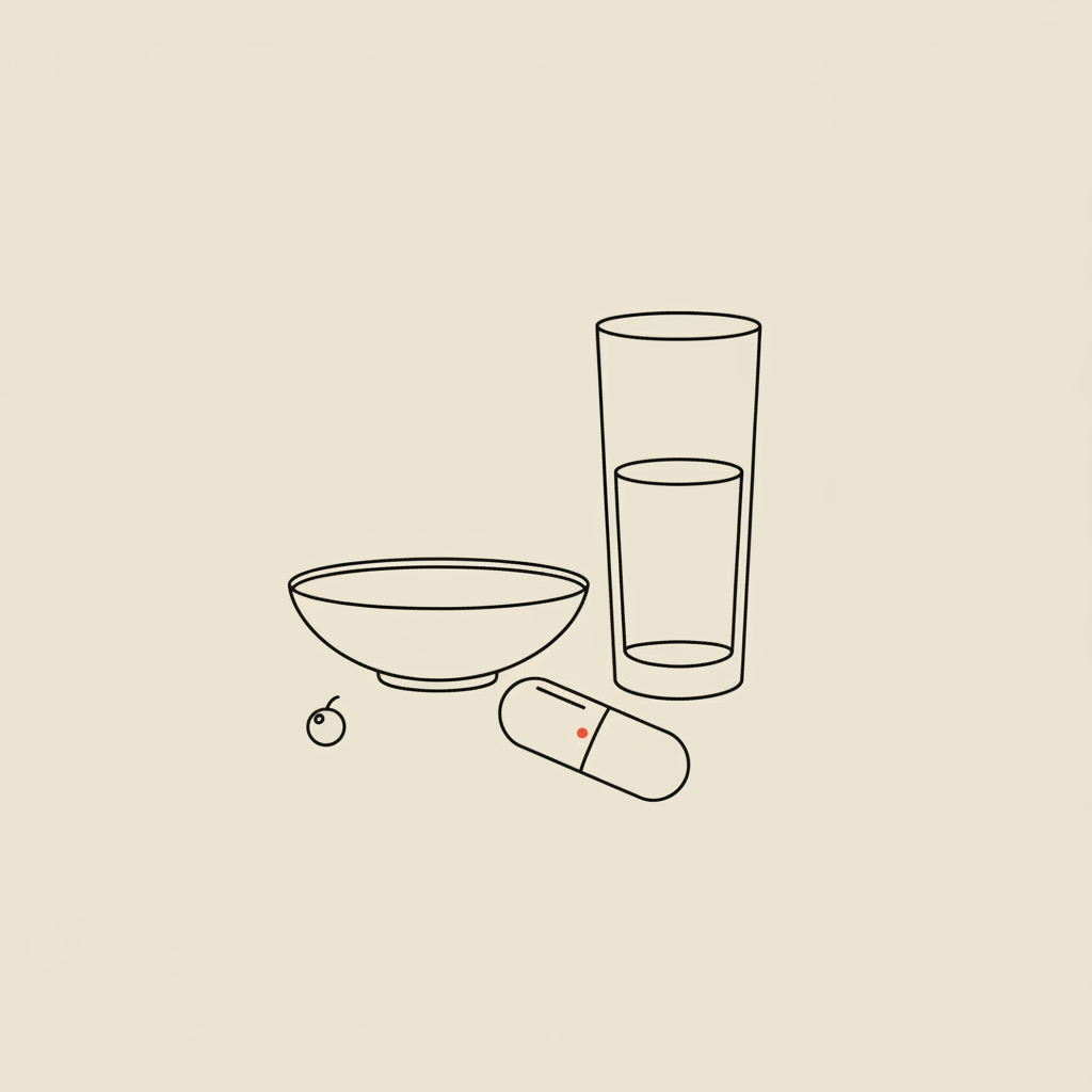 Minimal minimalist Tonum-style line illustration of a bowl, water glass, and capsule on a beige background, representing collagen for weight loss.
