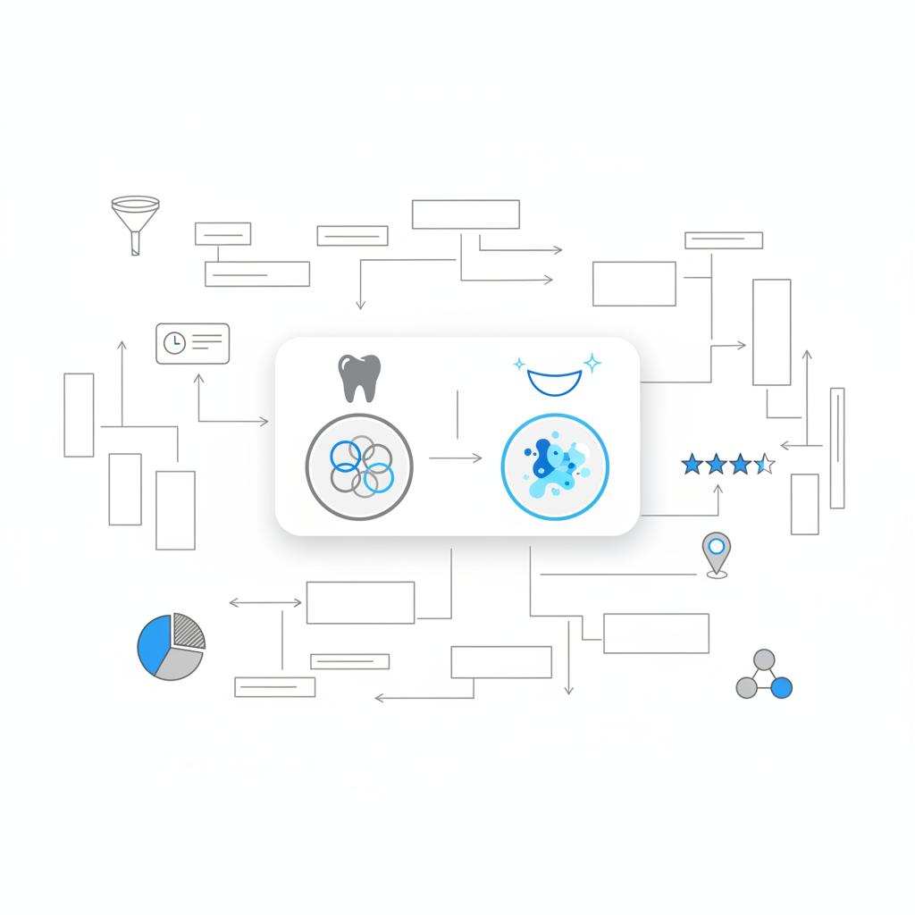 Vector notebook-style before-and-after dental mockup board with appointment card, review stars, and map pin in Agency Visible colors to advertise my dental services