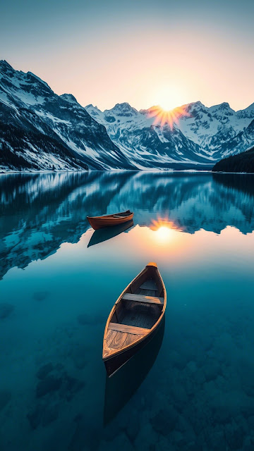 Alpine Lake Reflection at Sunset with Wooden Canoes - Free mobile Wallpaper