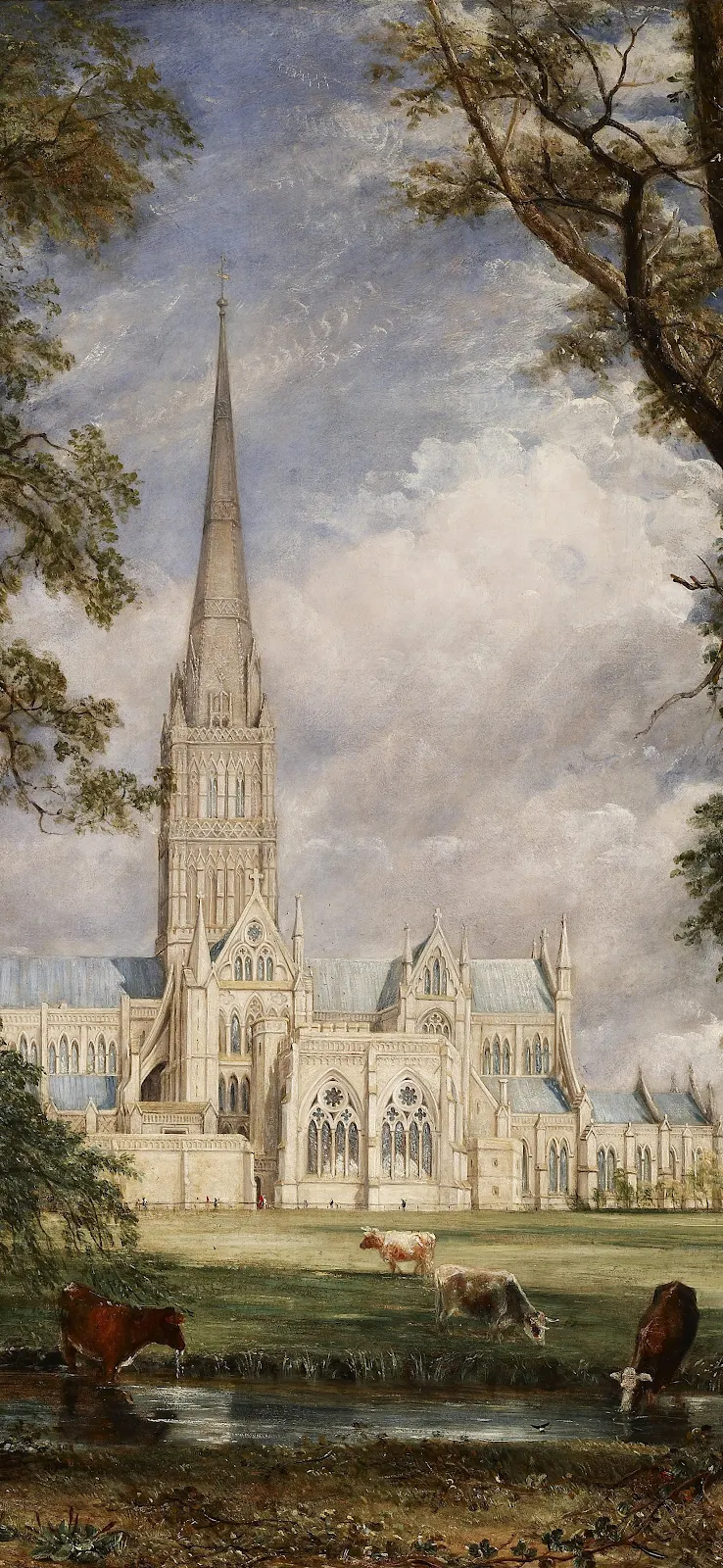 Salisbury Cathedral In The Meadows - Oil Painting 2K iPhone Wallpaper (2029x4396)