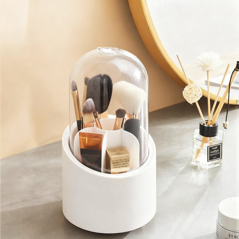 Rotating cosmetic organizer with lid