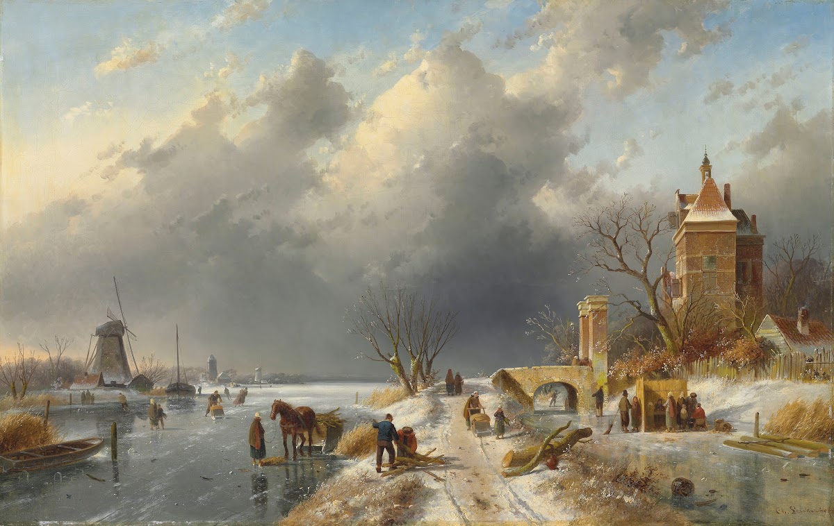 A winter landscape with figures on the ice 1895
