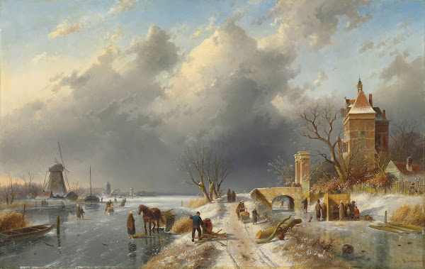 A winter landscape with figures on the ice 1895