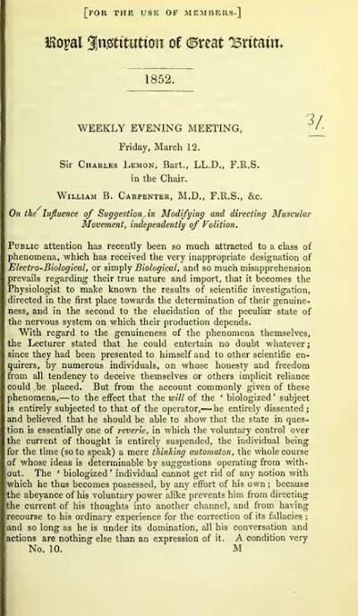 on the influence of suggestion in modifying and directing muscular movement 1852