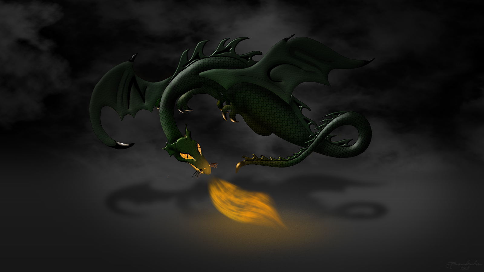 Flying Green Fire Dragon - Digital Illustration 4K Wallpaper (3840x2160)