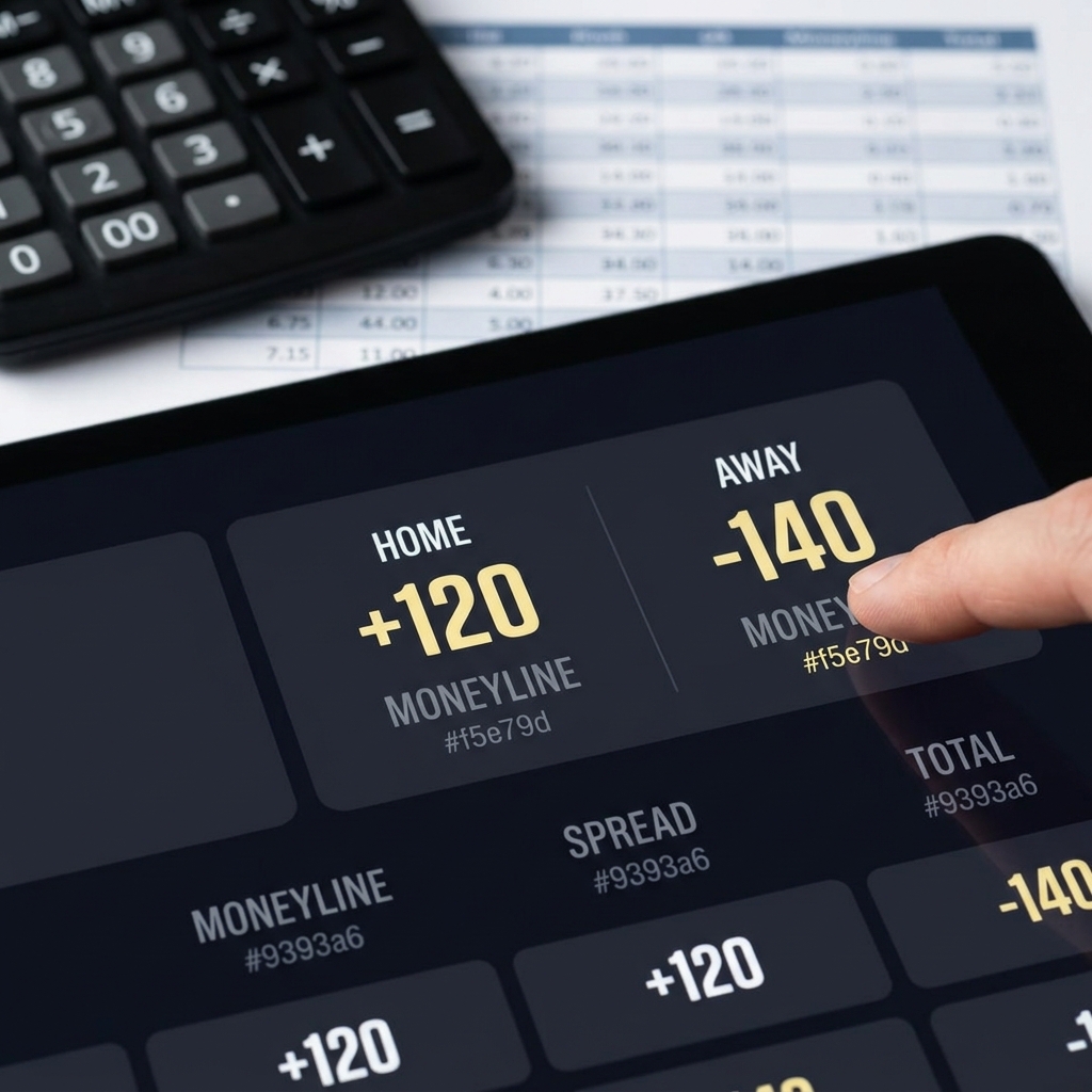 Close up American odds display for an NBA game with calculator and spreadsheet in background illustrating How NBA Moneyline Markets Work