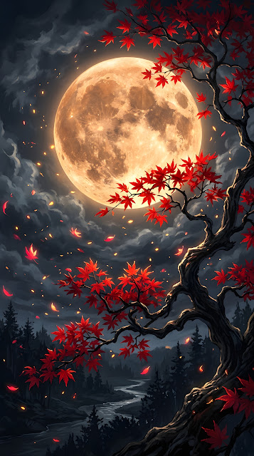 Golden Full Moon Behind Autumn Maple Leaves - Free mobile Wallpaper