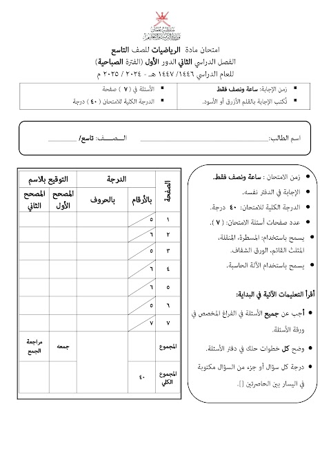 تجميع امتحانات نهائية 2024-2025 - رياضيات الصف 9 الفصل 2