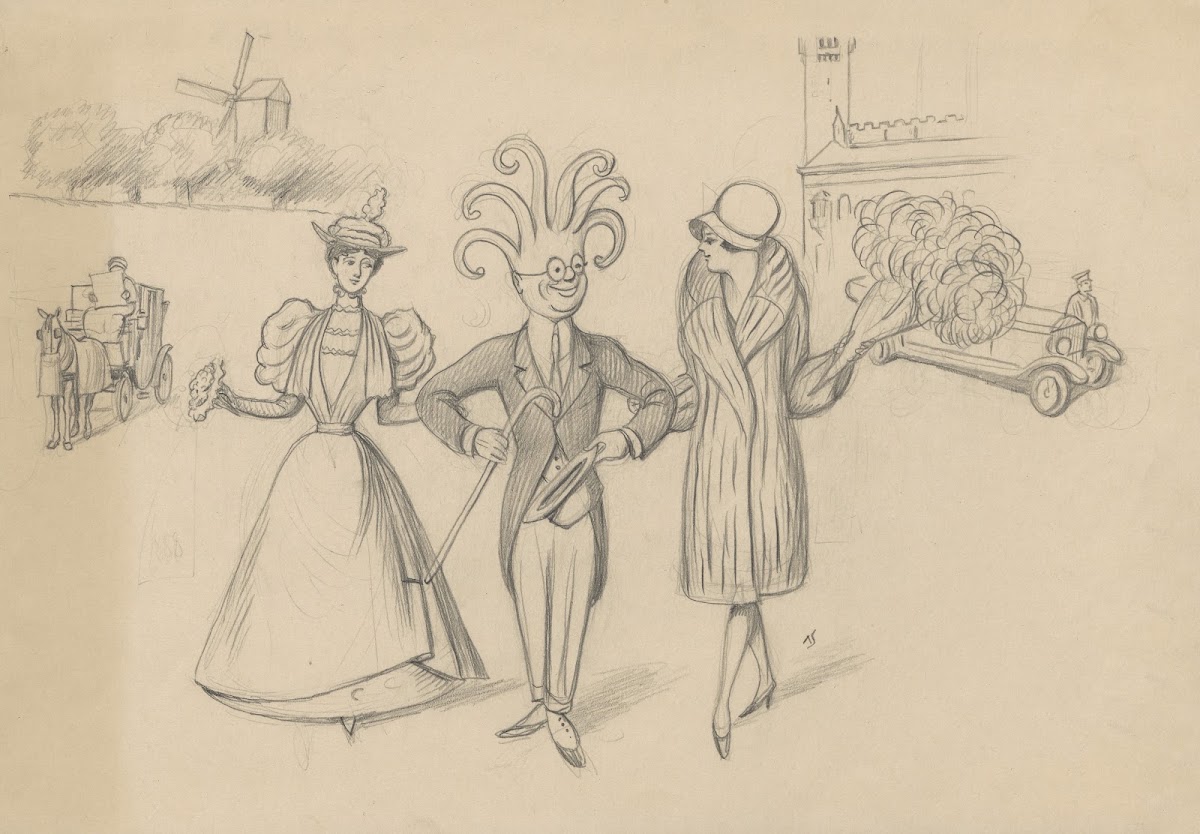 The octopus strolls along with two young ladies on his arm 1928